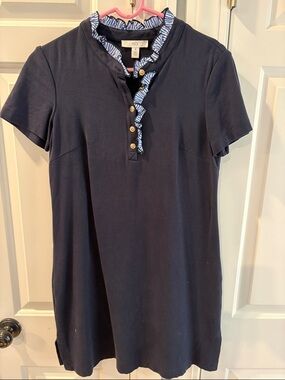 1901 Navy Polo Dress with Blue & White Striped Ruffle